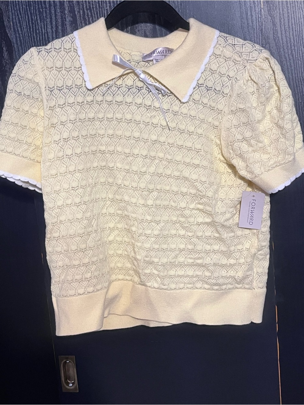 Light Yellow Lace Knit Peter Pan Collar Top - Women